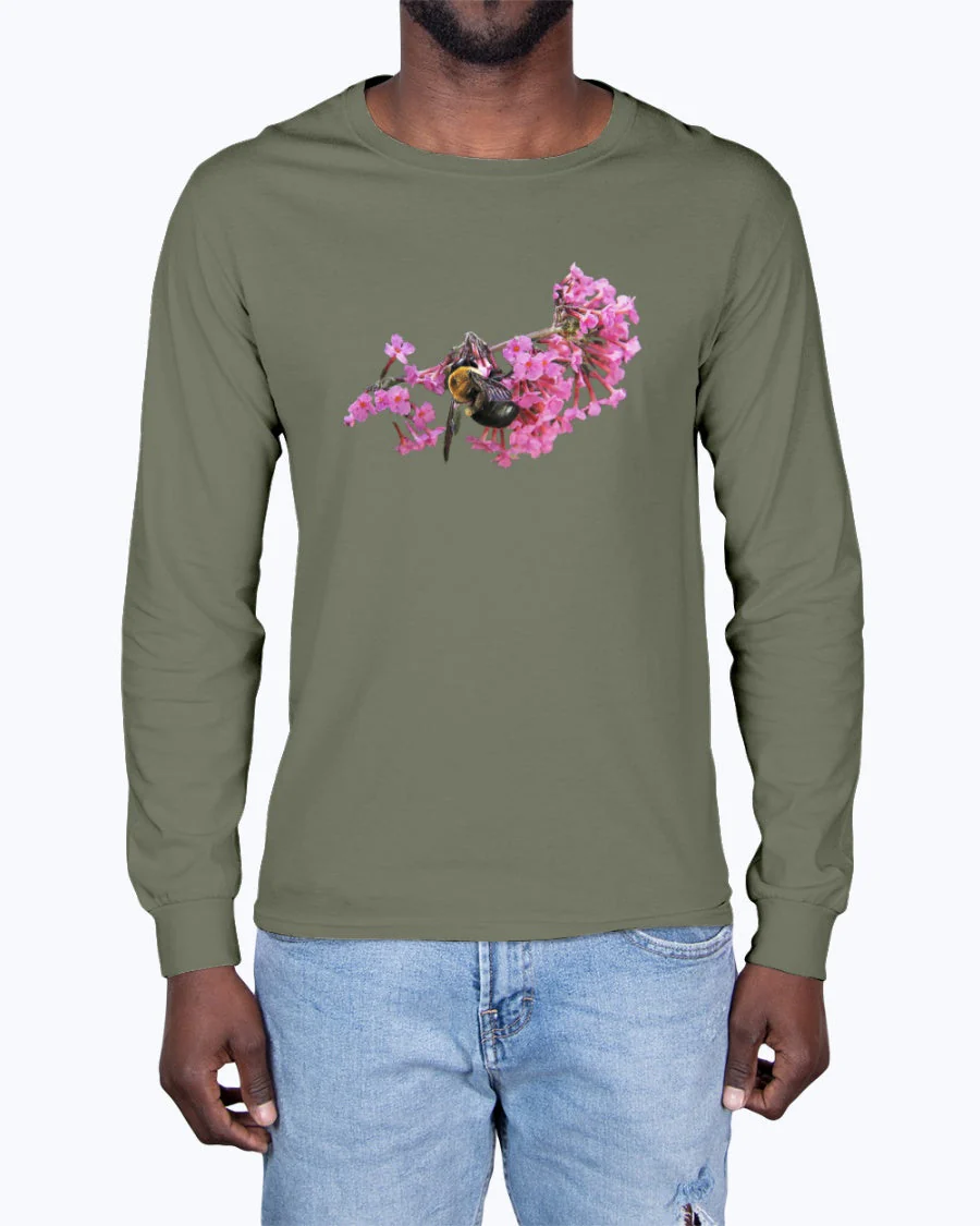Bee and Butterfly Habitat Fund, Bee Pollinating Graphic, Moss Apparel, Long Sleeve T-Shirt - Image 3