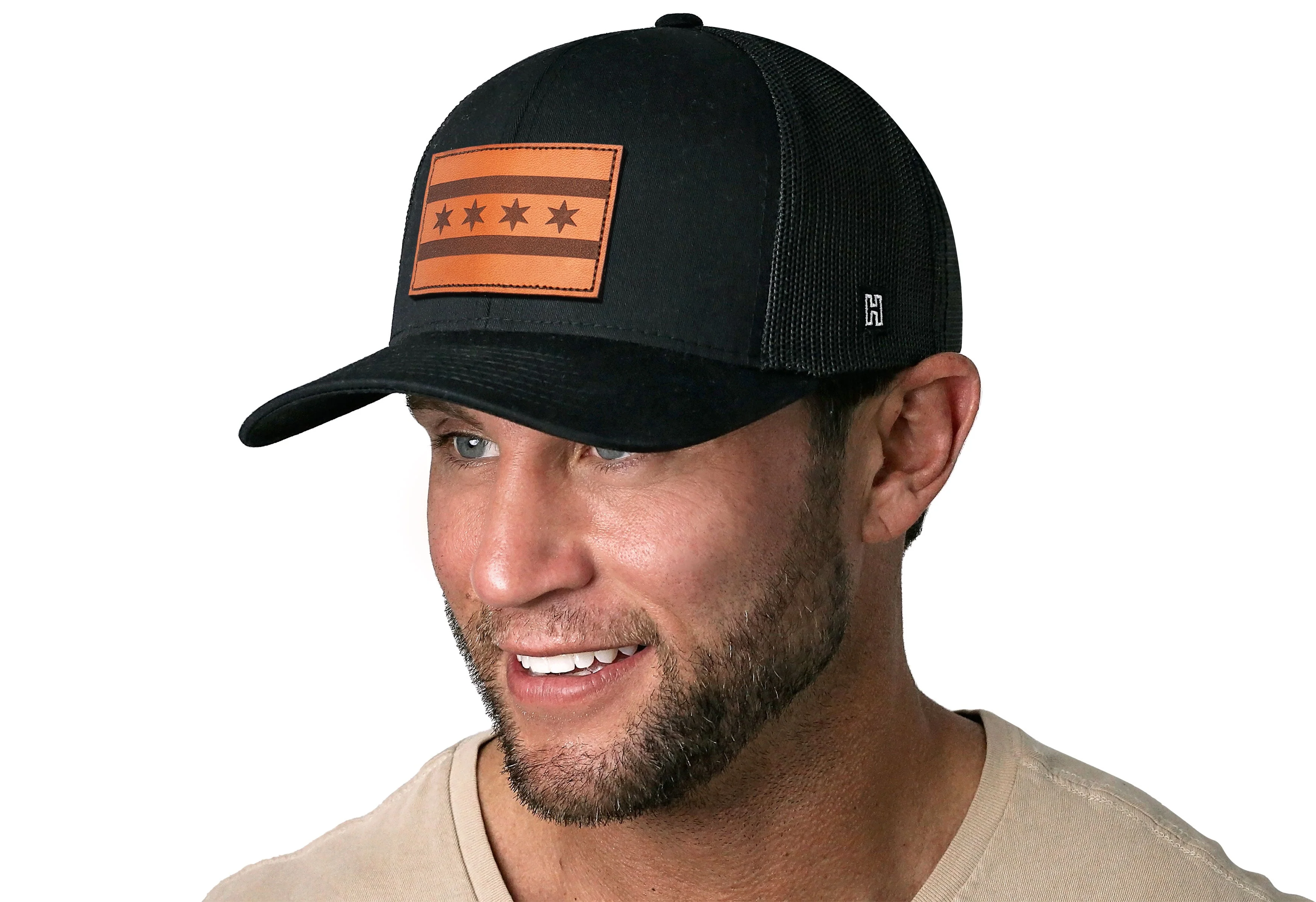 Chicago Flag Trucker Hat Leather  |  Black City Snapback - Image 3