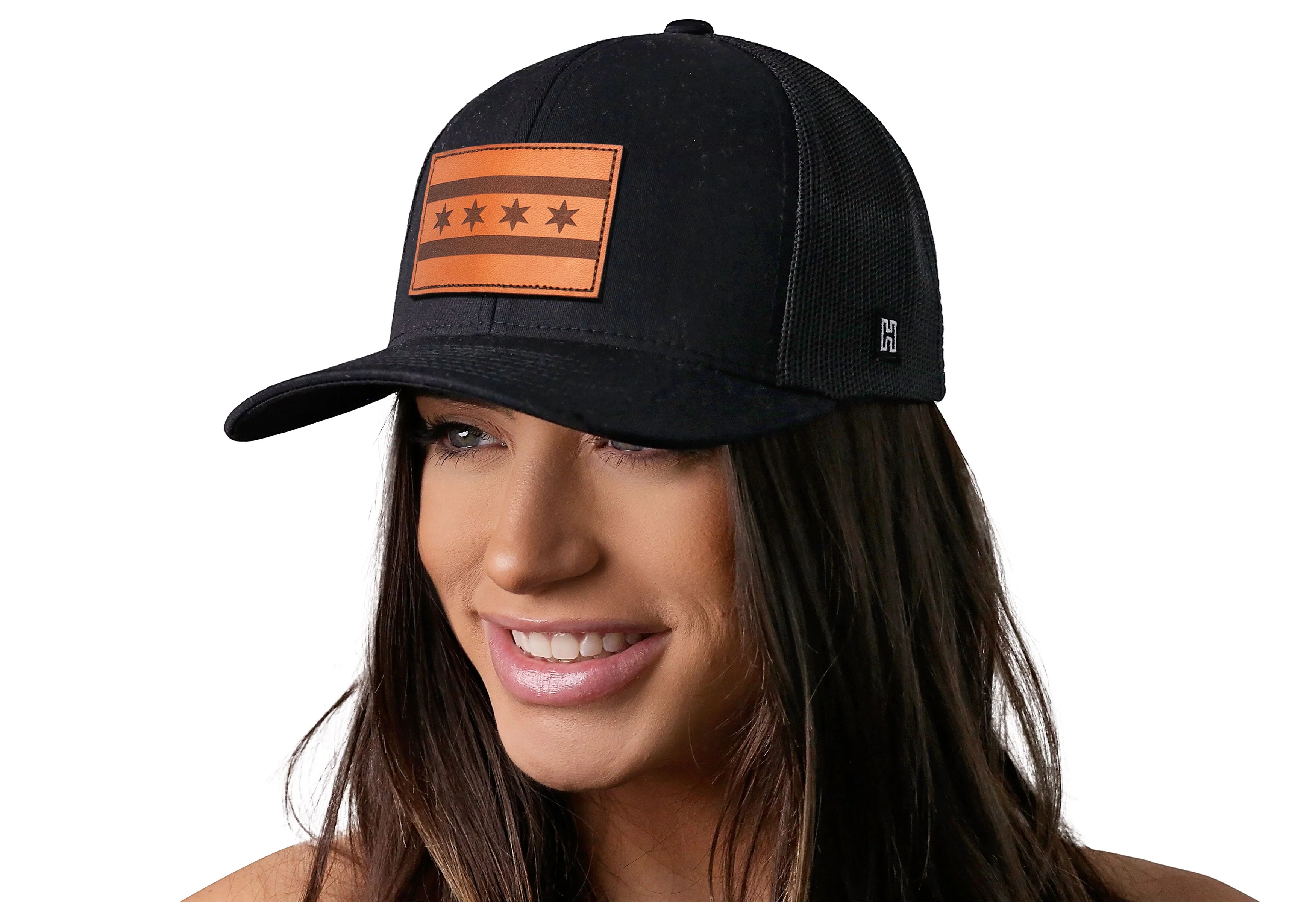 Chicago Flag Trucker Hat Leather  |  Black City Snapback - Image 4