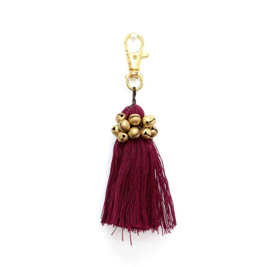 Fair Trade Cotton Tassel Zipper Pull with Bells | Handmade Keychain or Bag Charm from Thailand - Image 4