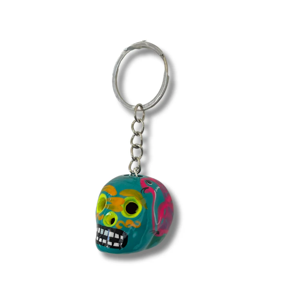 Hand-Painted Mini Sugar Skull Floral Keychain - Mexico - Image 3