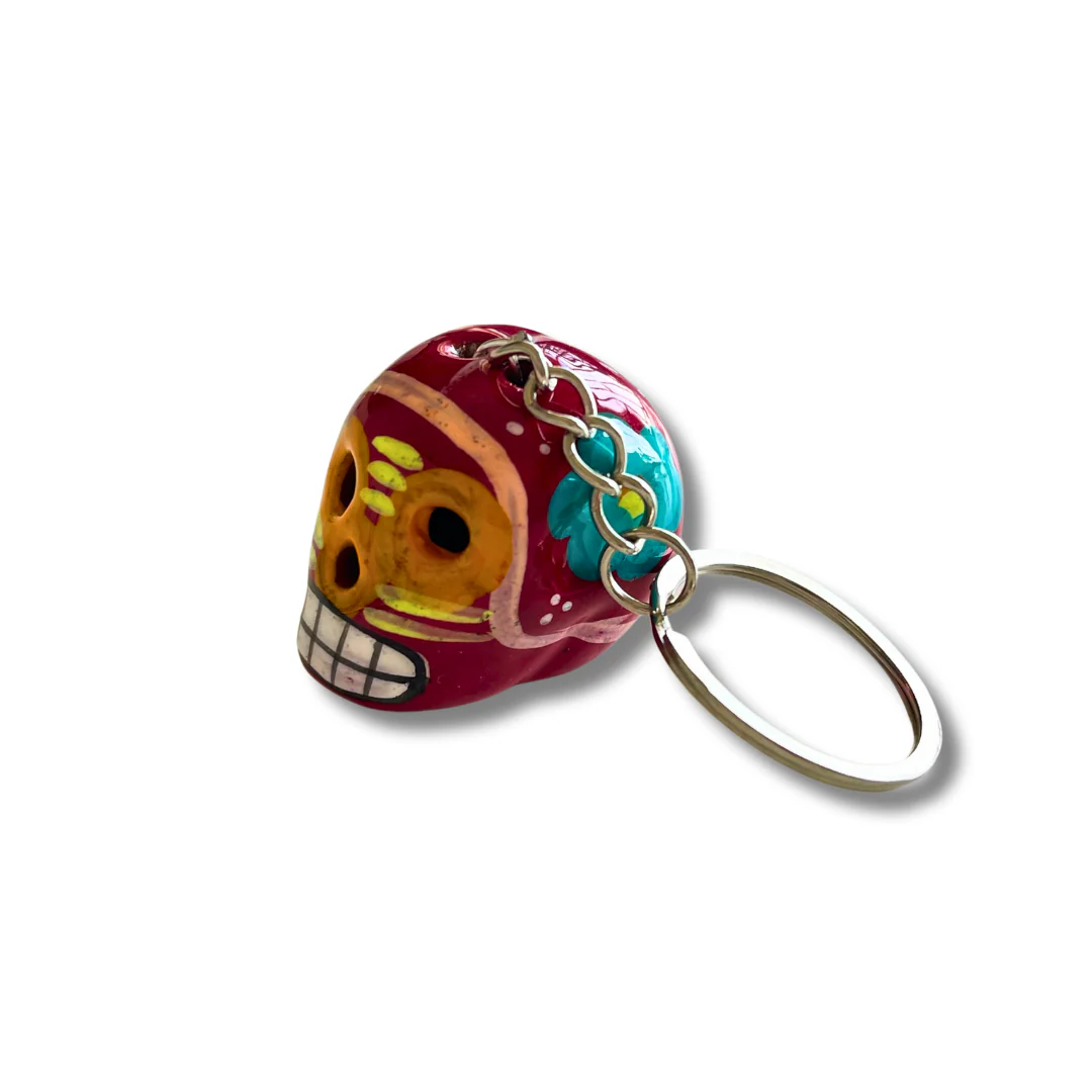 Hand-Painted Mini Sugar Skull Floral Keychain - Mexico - Image 5